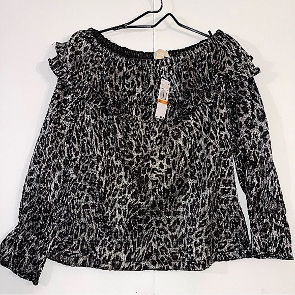 Michael Kors MK silver black long sleeve animal print Womens Small blouse top